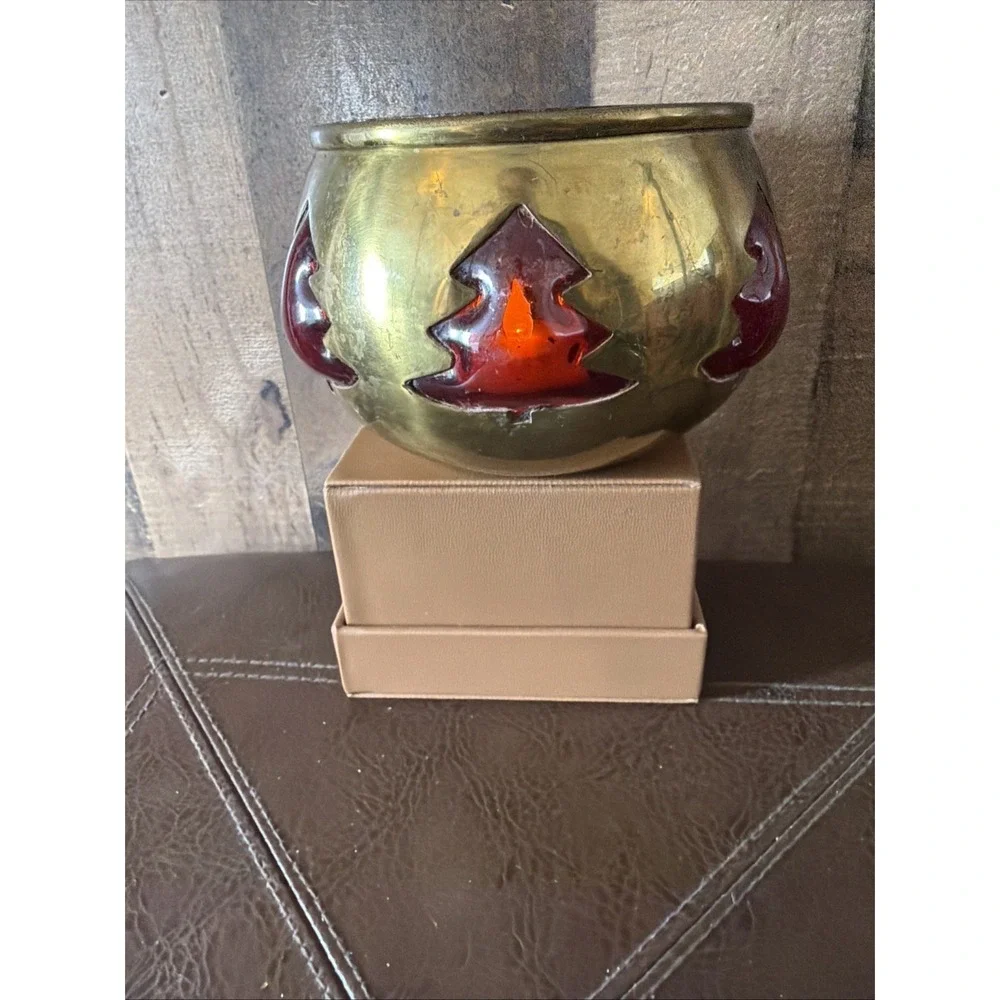 Vintage‎ Brass Ruby Red Glass Christmas Tree Votive Candle Holder Bowl 5.5